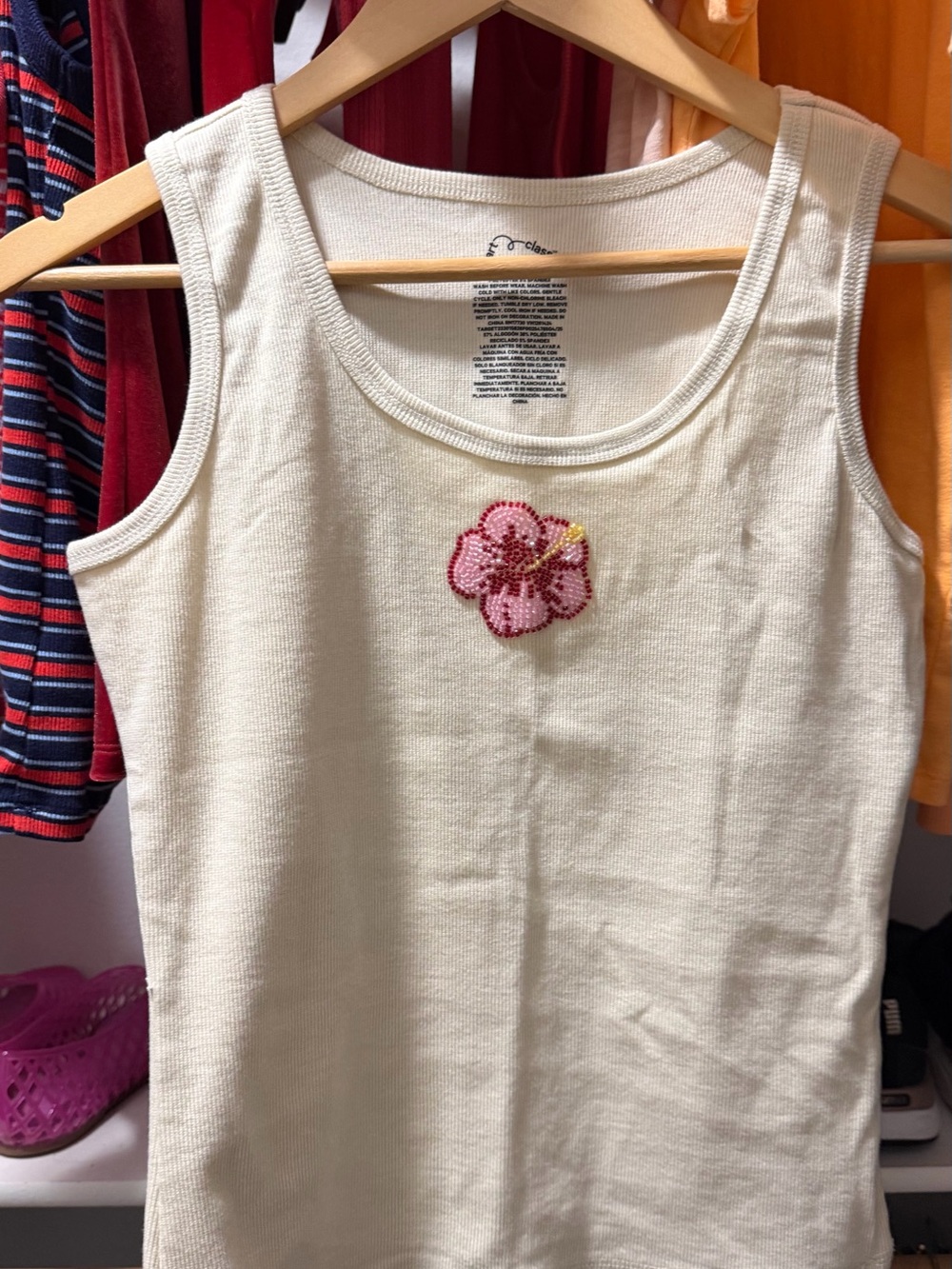 Art Class Girls Cream Beaded Hibiscus 🌺 Tank 14 (XL)